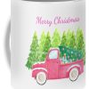 Merry Christmas Painting Pine Tree Pink Car White Mug