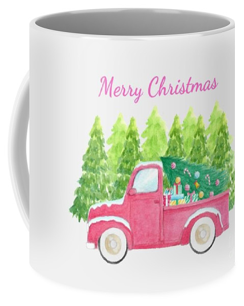 Merry Christmas Painting Pine Tree Pink Car White Mug Merry Christmas Painting Pine Tree Pink Car White Mug