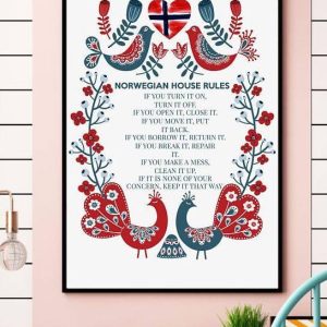 Norwegian House Rules Norwegian Flag Pattern Birds Peacock Flowers Canvas Poster