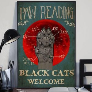 Paw Reading Black Cat Welcome Red Moon Cat Foot Canvas Poster