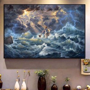 Peace Boat High Waves Jesus God Saving People Digital Art Canvas Poster