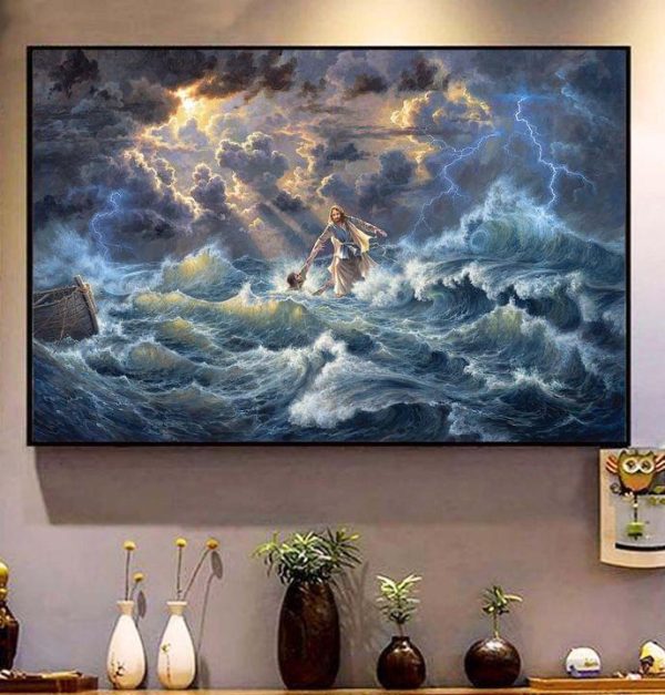 Peace Boat High Waves Jesus God Saving People Digital Art Canvas Poster