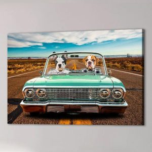 Pitbull Squad Driving Car The Desert High Way Pet Dog Love Canvas Poster