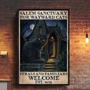 Salem Sanctuary For Wayward Cats Ferals And Familiars Welcome Est 1692 Cat Sitting Creepy House Halloween Canvas Poster