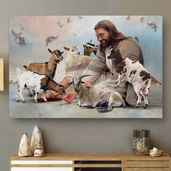 Smiling God Jesus Surrounded By Goats Canvas Poster