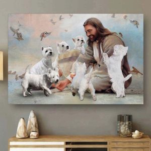 Smiling God Jesus Surrounded By White Schnauzers Canvas Poster