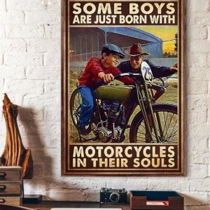 Some Boys Are Just Born With Motorcycles In Their Souls Man Teaching Boy How To Ride Motorcycle Canvas Poster