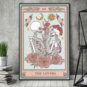The Lovers Skeleton Man And Woman Roses Sun Moon Card Canvas Poster