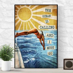 The Ocean Is Calling And I Must Go Bikini Girl Swimming Sun Canvas Poster