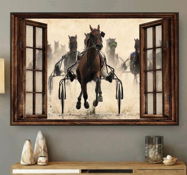 Through The Window Many Horse Wagons Animals Canvas Poster
