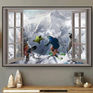 Through The Window People Go Skiing Skydive Snow Mountain Canvas Poster