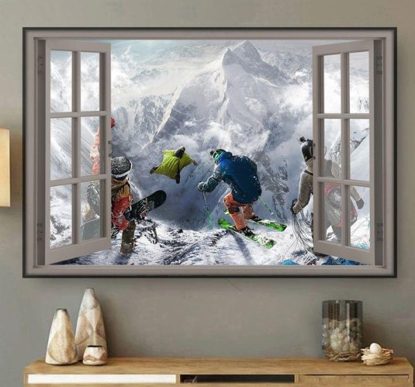 Through The Window People Go Skiing Skydive Snow Mountain Canvas Poster