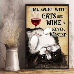 Time Spent With Cats And Wine Is Never Wasted Cute Cat Red Wine Canvas Poster