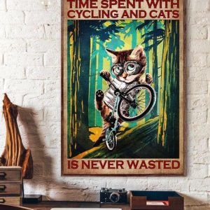 Time Spent With Cycling And Cats Is Never Wasted Cute Cat Biking Canvas Poster