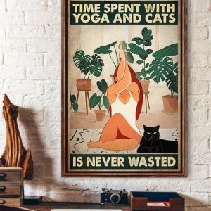 Time Spent With Yoga And Cats Is Never Wasted Young Lady Girl Doing Yoga Relaxation Trees Canvas Poster