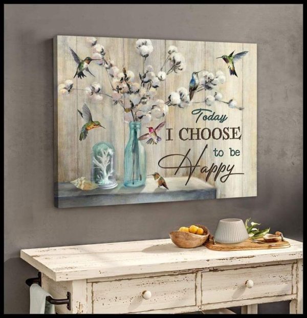 Today I choose To Be Happy Simple Birds And Glassy Bottle White Flowers Canvas Poster