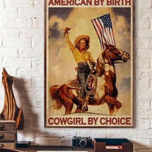 Vintage American By Birth Cowgirl By Choice Lady Girl Holding America Flag Riding Horse Canvas Poster