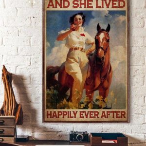 Vintage And She Lived Happily Ever After Lady Girl Drinking Beer Horse Canvas Poster