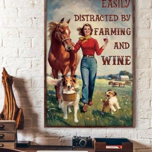 Vintage Easily Distracted By Farming And Wine Lady Girl With Red Wine Horse Dogs Canvas Poster