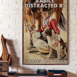 Vintage Easily Distracted By Horses And Dogs Cowgirl Hugging Dog Horse Canvas Poster