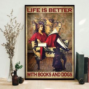 Vintage Life Is Better With Books And Dogs Lady Girl Sitting On Sofa Chair Dog Canvas Poster