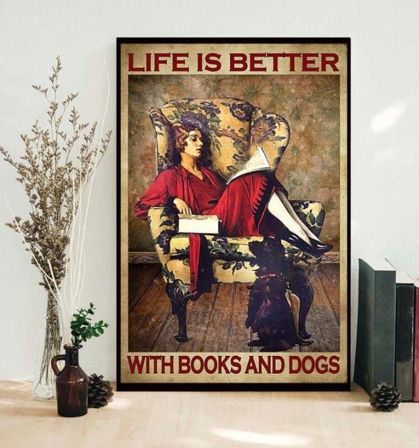 Vintage Life Is Better With Books And Dogs Lady Girl Sitting On Sofa Chair Dog Canvas Poster