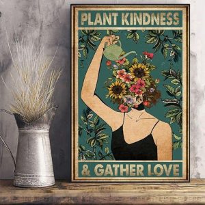 Vintage Plant Kindness &amp Gather Love Lady Girl Watering Flowers Canvas Poster