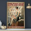 Vintage Time Spent With Cats And Wine Is Never Wasted Young Lady Girl Drinking Red Wine Black Cat Canvas Poster