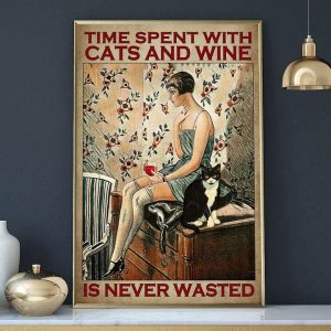 Vintage Time Spent With Cats And Wine Is Never Wasted Young Lady Girl Drinking Red Wine Black Cat Canvas Poster