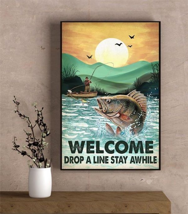 Vintage Welcome Drop A Line Stay Awhile Man Goes Fishing Sunset Birds Landscape Canvas Poster