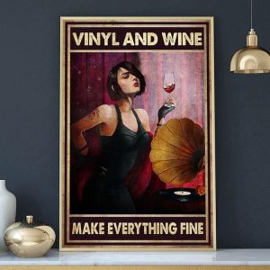Vinyl And Wine Make Everything Fine Young Lady Girl Drinking Wine Listening To Music Canvas Poster