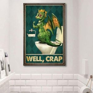Well Crap Green Cartoon Flying Dragon In Toilet Canvas Poster
