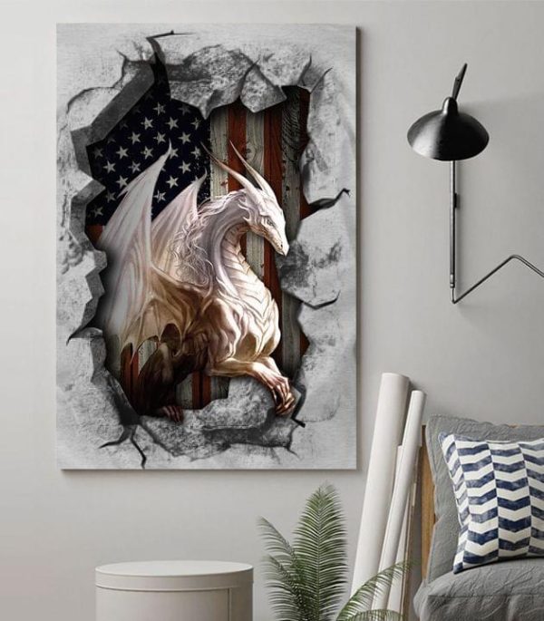 White Dragon And America Flag Canvas Poster