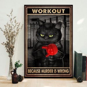 Workout Because Murder Is Wrong Black Cat Holding Red Kettlebell Canvas Poster