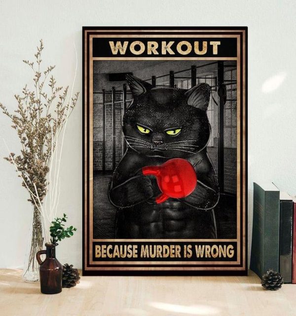 Workout Because Murder Is Wrong Black Cat Holding Red Kettlebell Canvas Poster