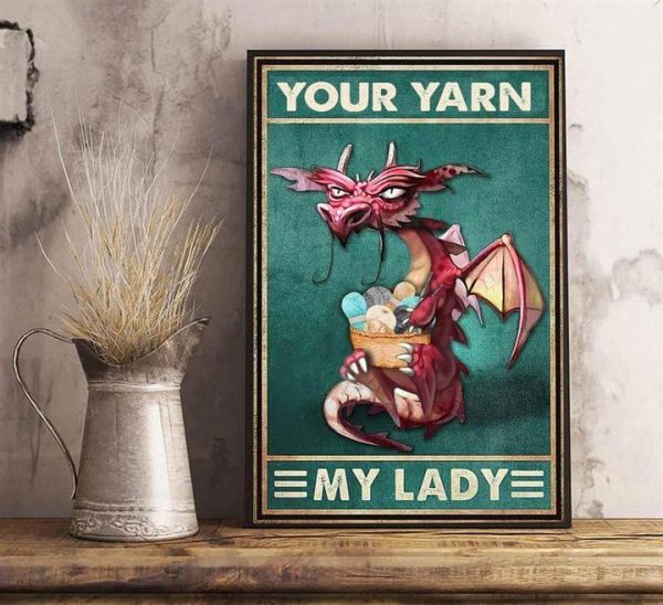 Your Yarn My Lady Pink Cartoon Dragon Holding Balls Of Wool Canvas Poster