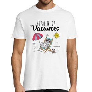 T-shirt Homme Besoin de Vacances. Chat Qui Bronze