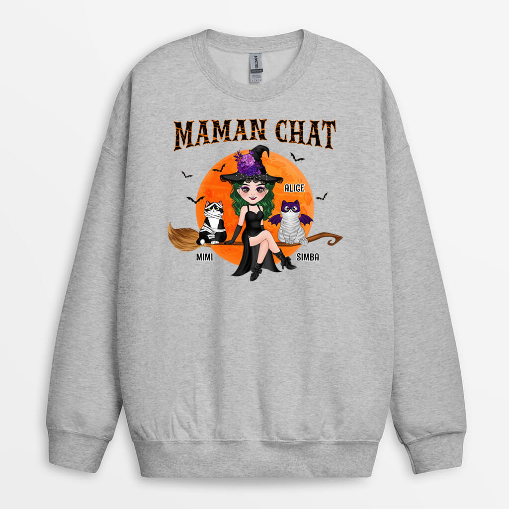 Sweatshirt Maman Chat Sorciere Avec Son Balai Personnalise Sweatshirt Maman Chat Sorciere Avec Son Balai Personnalise